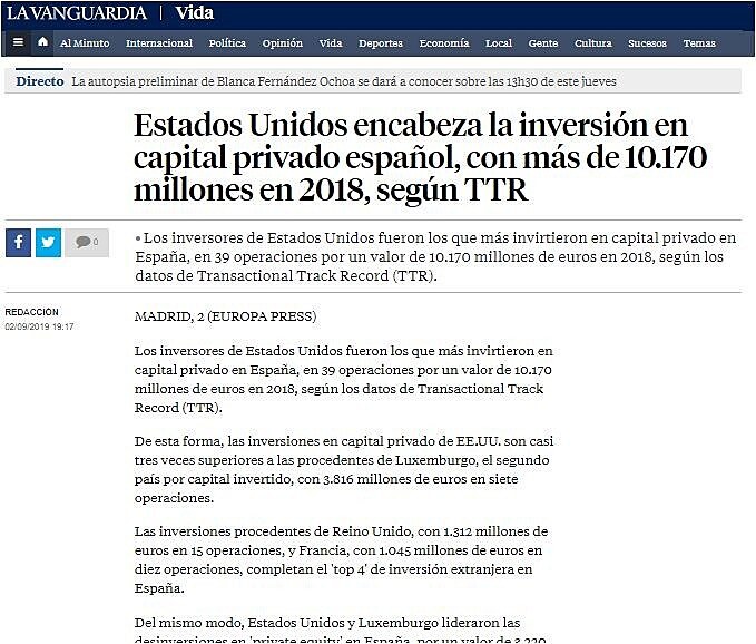 Estados Unidos encabeza la inversin en capital privado espaol, con ms de 10.170 millones en 2018, segn TTR